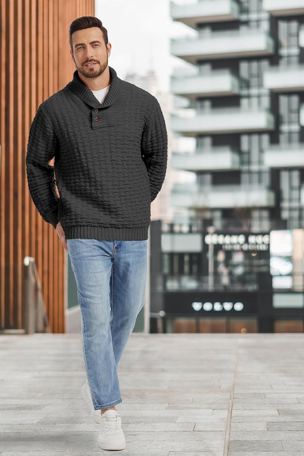 Mens Fisherman Sweater, Button Turtleneck Shawl Collar Waffle Knit Pullover for Winter Business Casual - Image 2