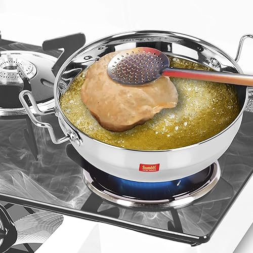 Miniatura 3 de Sumeet Kadhai de acero inoxidable con parte inferior encapsulada por inducción para estufa de gas, apto para múltiples utilidades, con tapa y 5