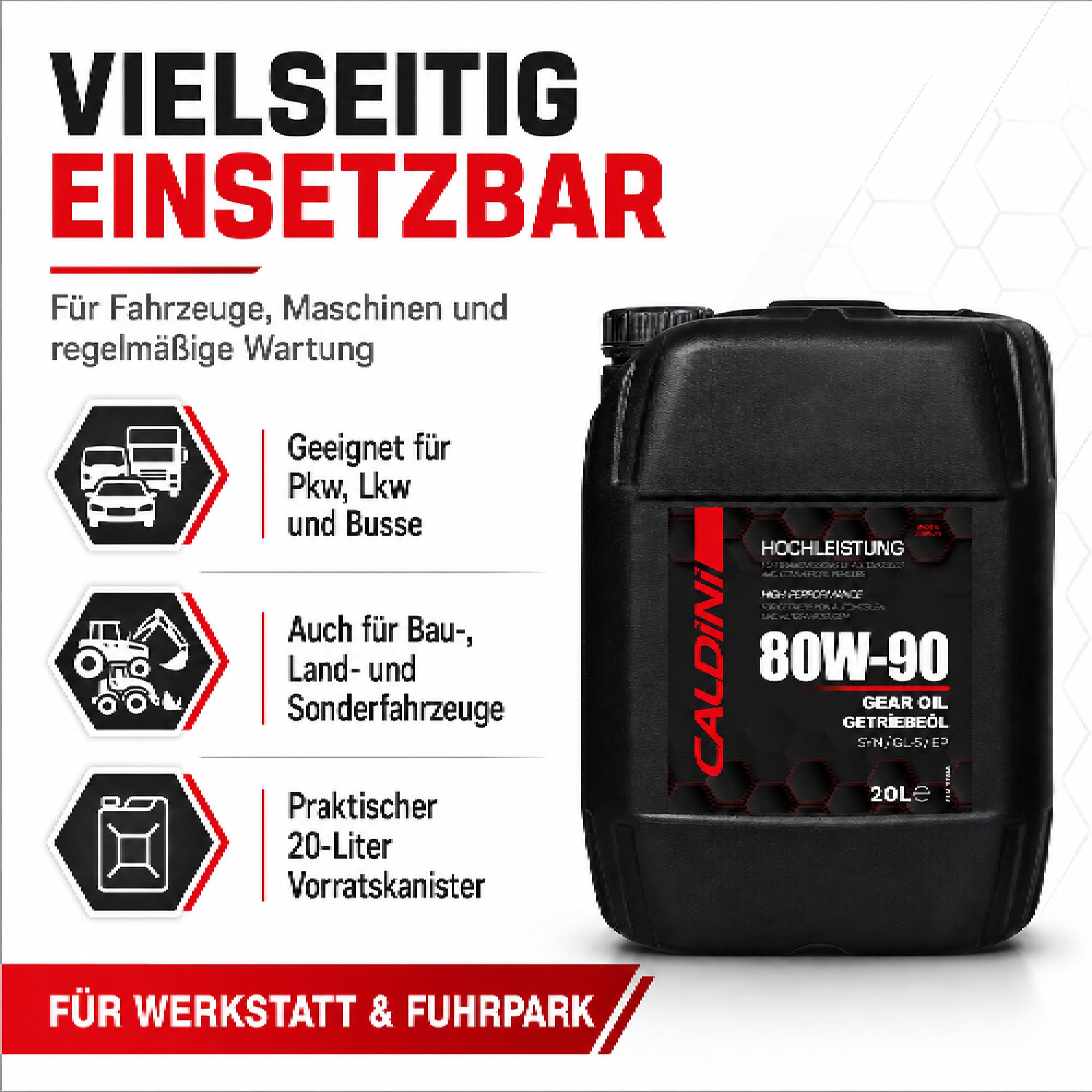 Caldini SAE 80W-90 Hypoid Getriebeöl GL-5, 20 Liter, mineralisches Mehrbereichsöl für Schaltgetriebe, Achsen, Differentiale und Hypoidantriebe, MIL-L 2105 D, Made in Germany
