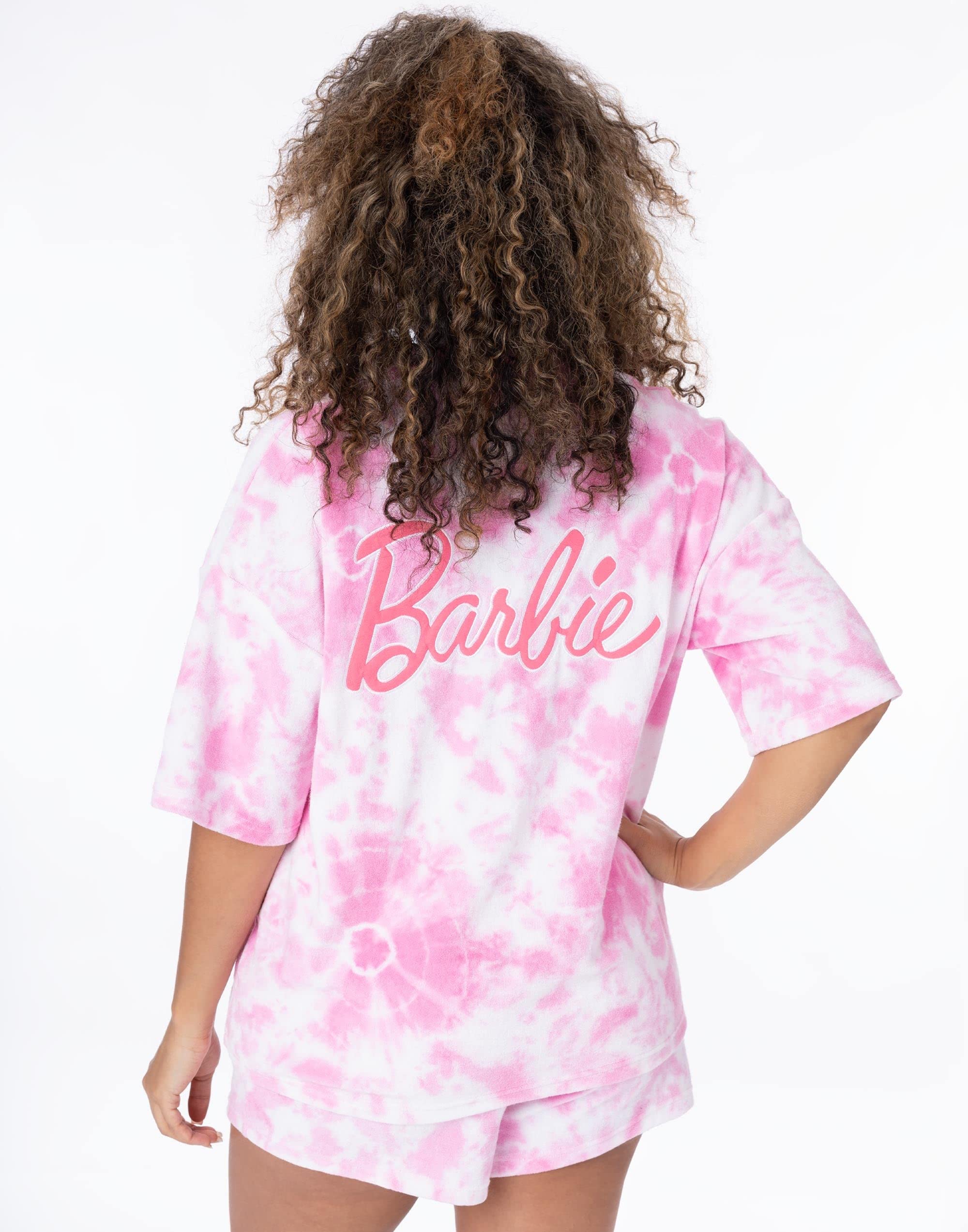 Barbie Damskie 3 sztuki Torubing Co-Ord Beach Cover Up | Różowy kolor batikowy ręcznik T-Shirt Szorty Gumki do włosów Włosy Bobble Logo Moda kąpielowa Merchandise