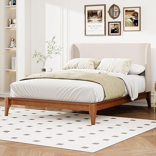 Merax Queen Size Bamboo Platform Bed, Mid-Century Bed Frame with Tall Upholstered Headboard, Wood Slat Support, No Box Spring Needed, Easy Tool-Free Assembly, Tan+Brown