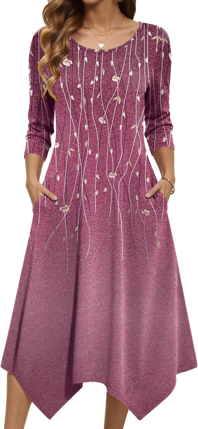Zeagoo Midi Dresses Women 2026 Spring Dress 3/4 Sleeve Casual Dresses with Pockets A Line Summer Beach Sundress