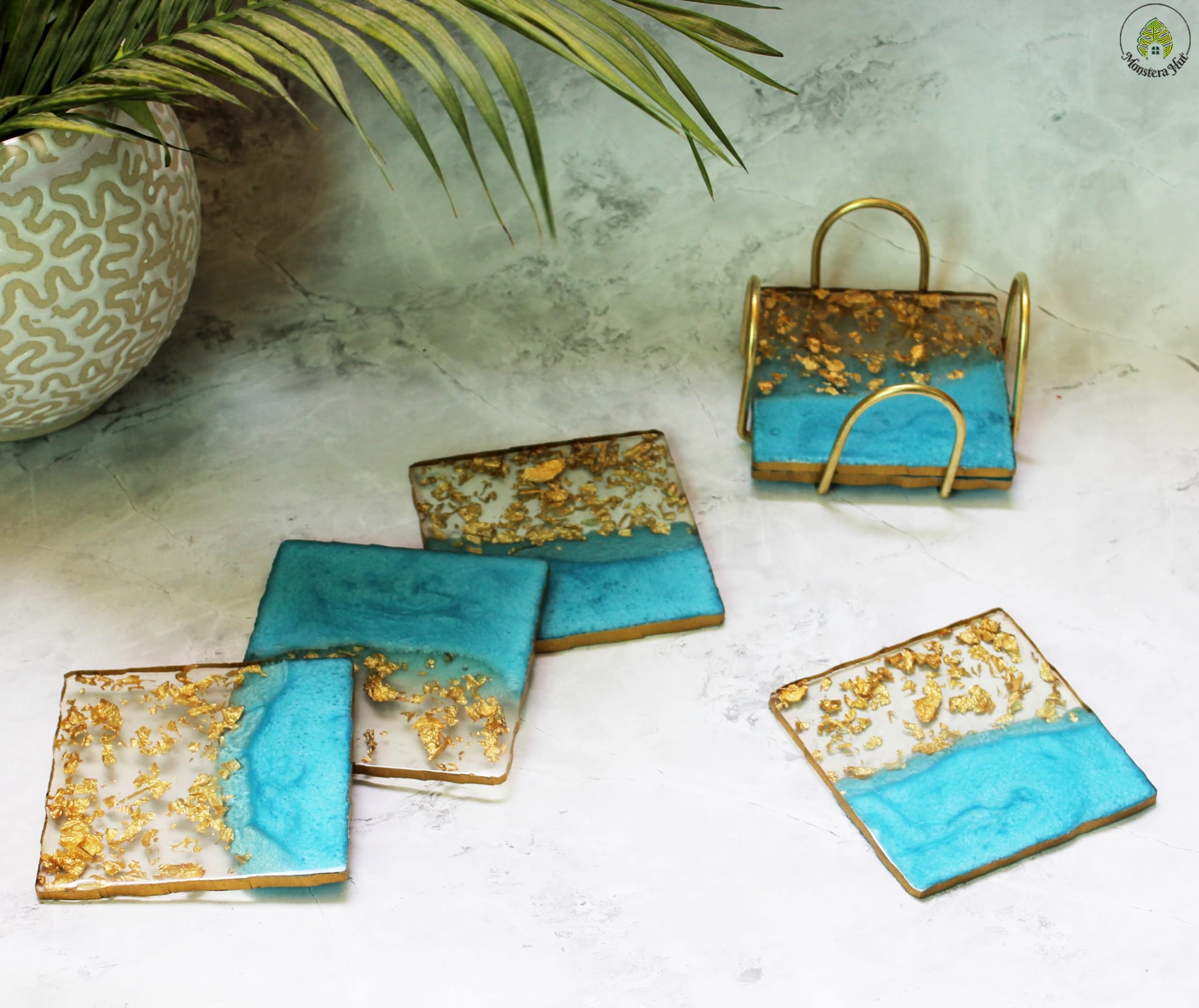 Monstera Hut ® Square Cyan Blue Transy Resin Coaster|(10 cm) | 4 Inch |Set of 6 | Resin Coaster for Tea, Coffee Table & Dining Table with Metal Holder