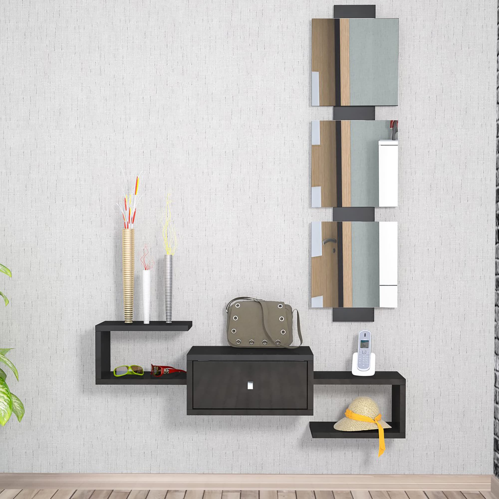 [en.casa] Recibidor Suspendido Estantería de Pared con Espejo Mueble de Entrada con Cajón máx. 15 kg Aglomerado 36 x 100 x 30 cm Negro