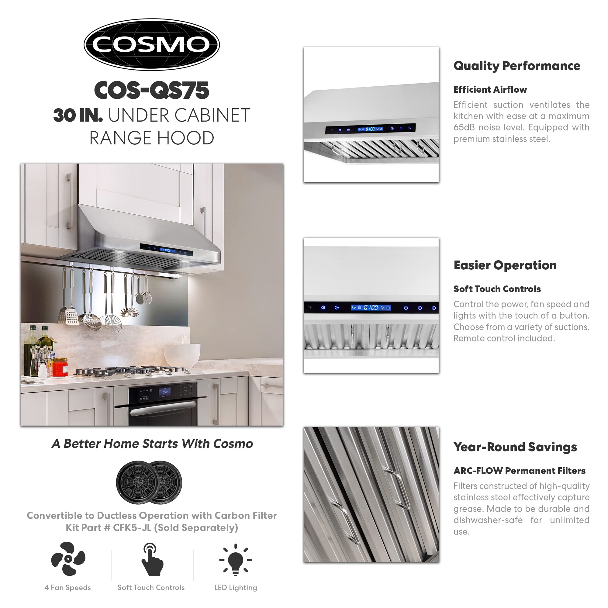 Cosmo COSQS75 30 in. Under Range Hood with 500 CFM, Permanent