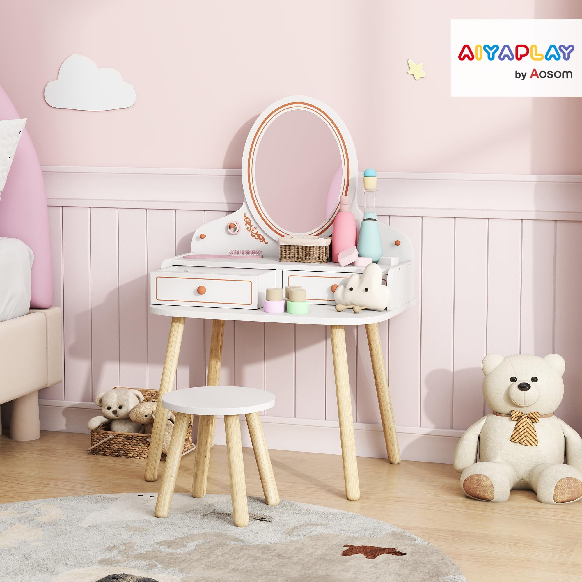 AIYAPLAY Tocador de Maquillaje Niña con Taburete, Espejo, 3-8 Años Blanco