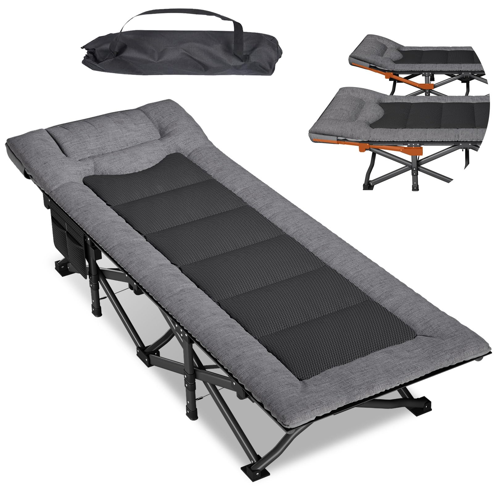 Lit de Camping Pliable pour Adultes avec Matelas, Lit de Sieste Portable Réglable, Charge Maximale 200kg – Inclut Sacoche de Transport, Gris