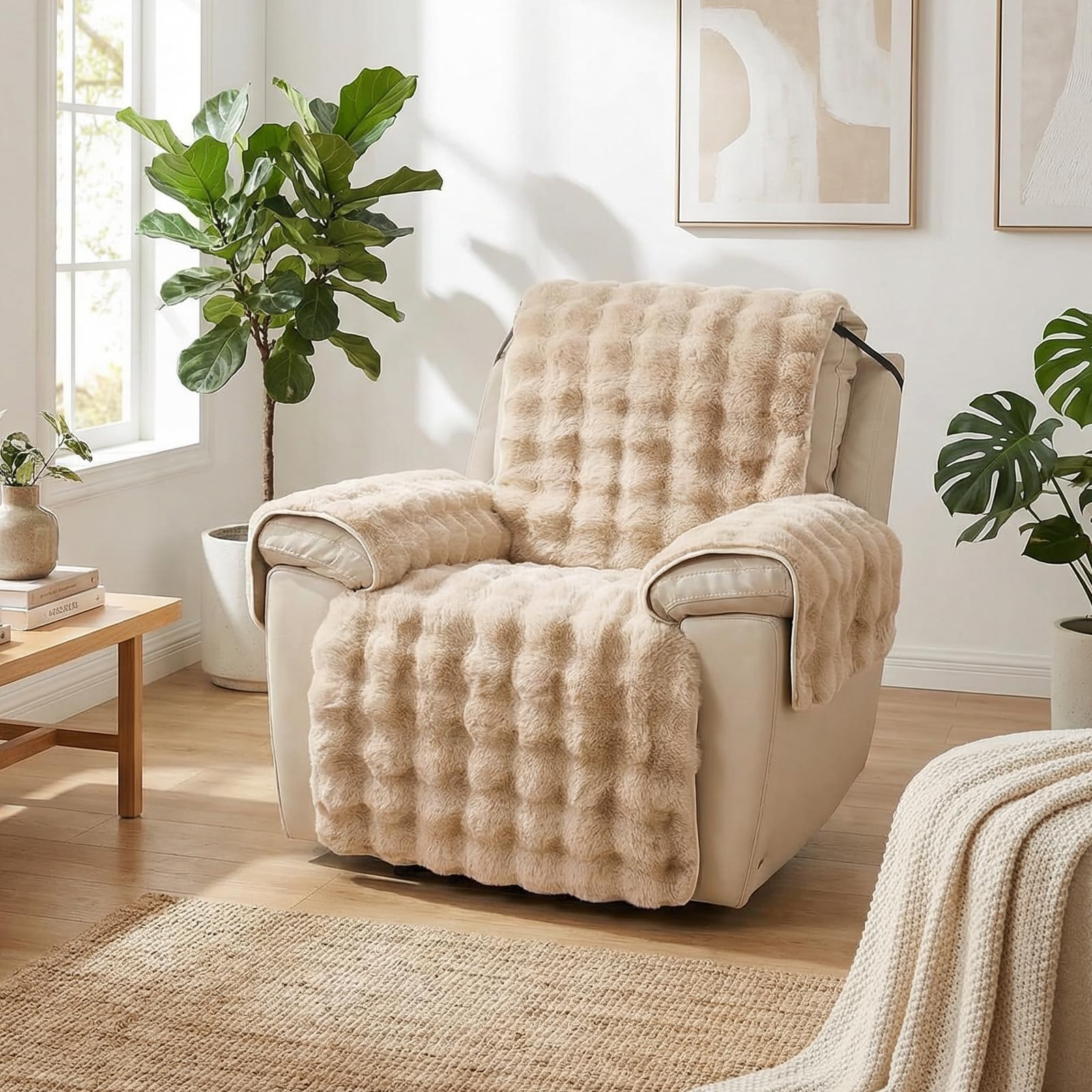 Funda de felpa para silla reclinable lavable protector de muebles peluda caqui