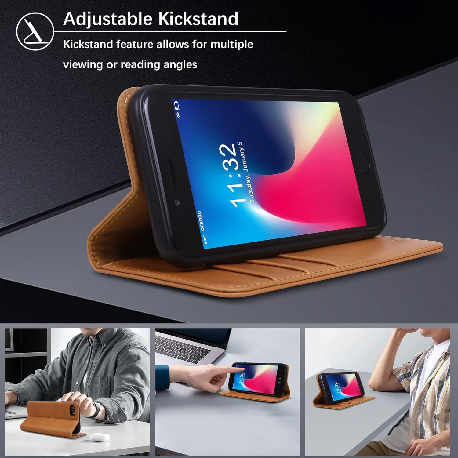 VISOUL Wallet Case for iPhone SE 3rd (2022)/SE 2nd (2020)/8/7 Folio Case, Genuine Leather Magnetic Flip Cover with Card Holder, Kickstand for iPhone 8/7/SE2/SE3 (4.7 inch)-Khaki