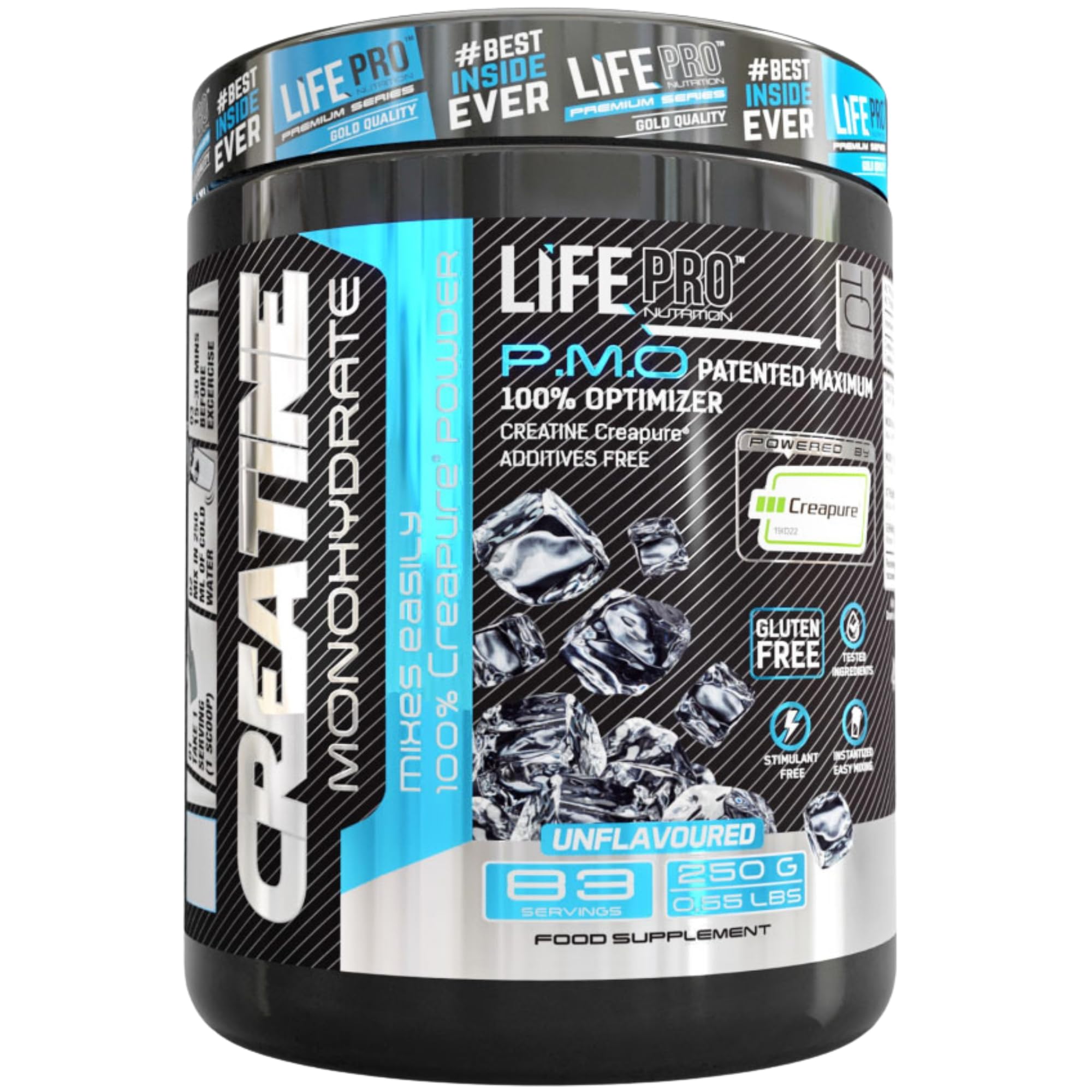 Creatine Monohydrate Creapure Life Pro 250g – Créatine Micronisee Pure – Jusqu’à 83 Doses – Sans Gluten – Pour Force, Énergie et Récupération Musculaire – Qualité Allemande (250g, Sin sabor)