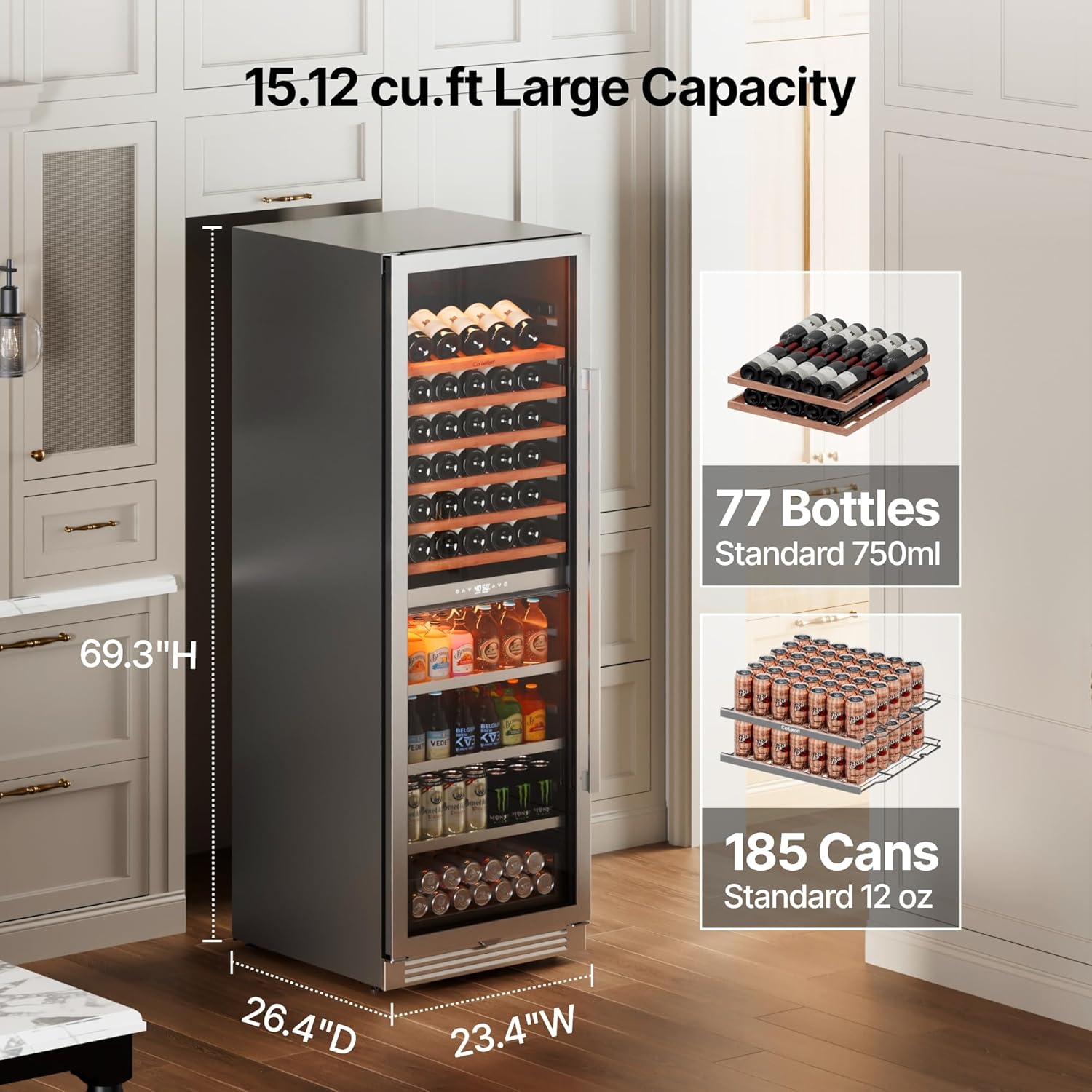 Ca'Lefort Wine Fridge Dual Zone, 185 Can and 77 Bottle 24 Inch Wine Cooler Refrigerator, 34-65°F Cooler with Glass Door, 3 LED Built-in/Freestanding Fridge for Bar/Kitchen/Resterant (Right-Hinged)