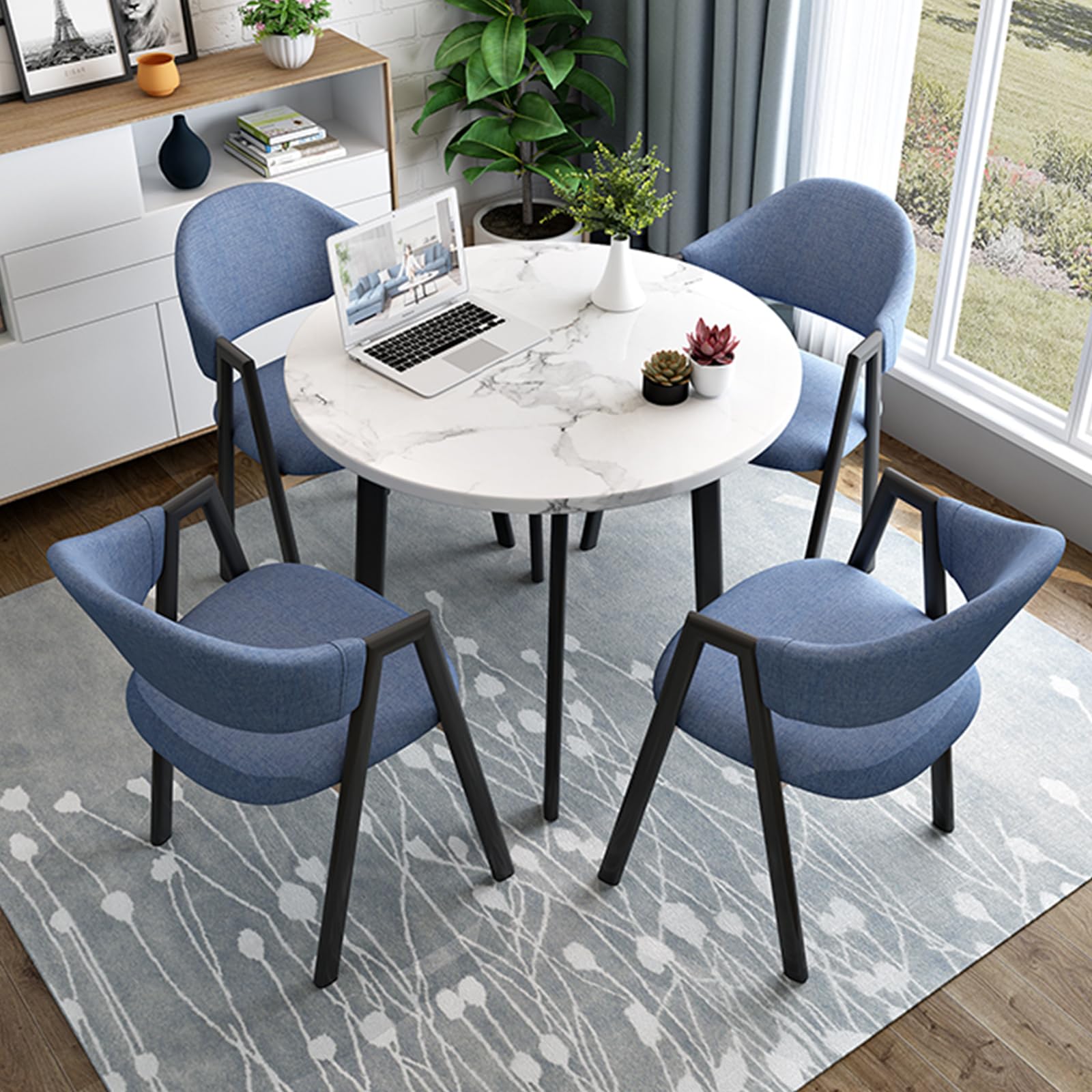 Juego de Mesa y sillas para reuniones de Oficina para 4 Personas, 80 cm (31,5"), Redondo pequeño, Ahorra Espacio, 5 Piezas, Mesa de recepción, sillas con Respaldo, Azul Claro.