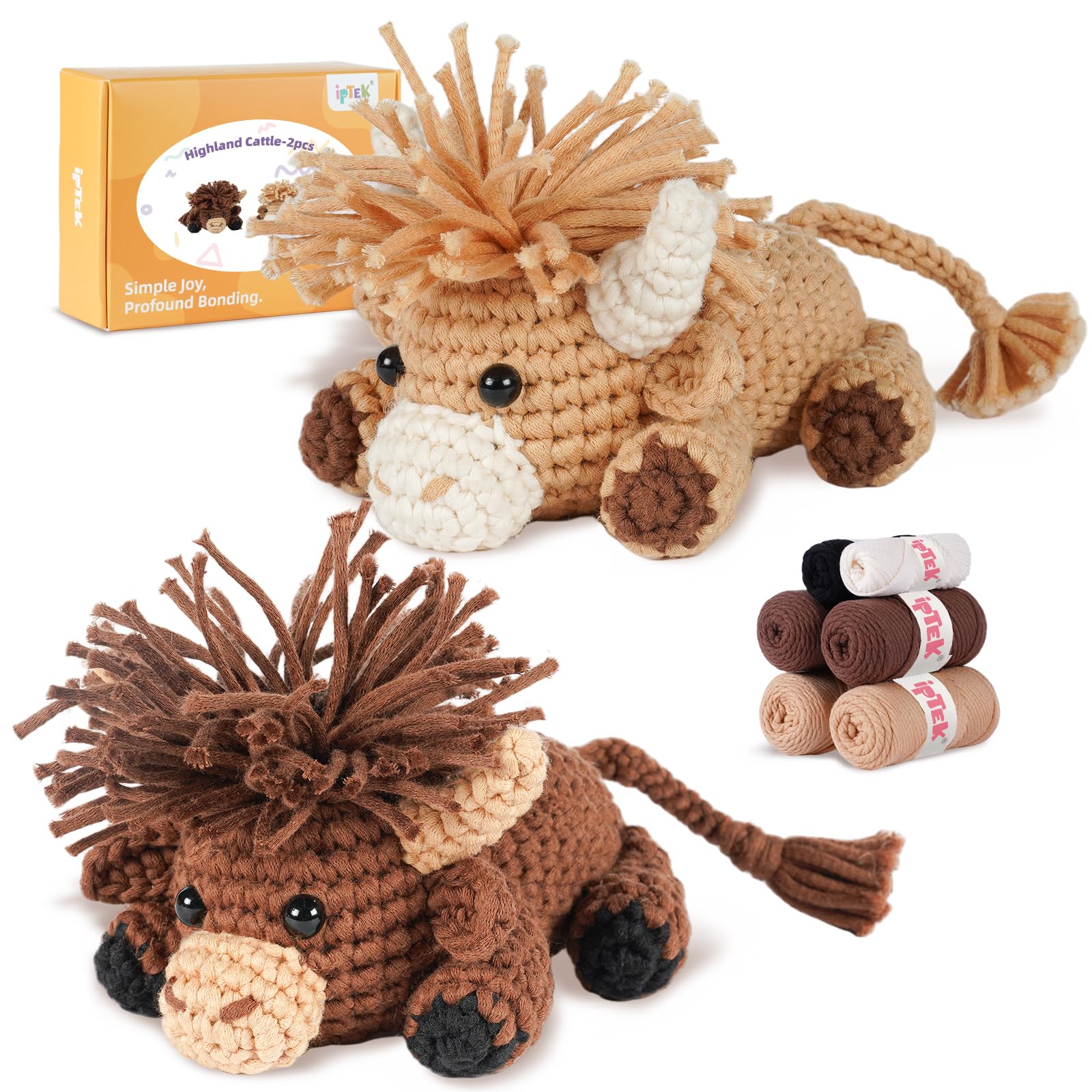 iptek Crochet Kit for Beginners, Learn to Crochet, Include Easy Knitting Soft Yarn, Step-by-Step Video Tutorial, Hook, Holiday Birthday Gift for Adults and Kids(2pack Highland Cow)