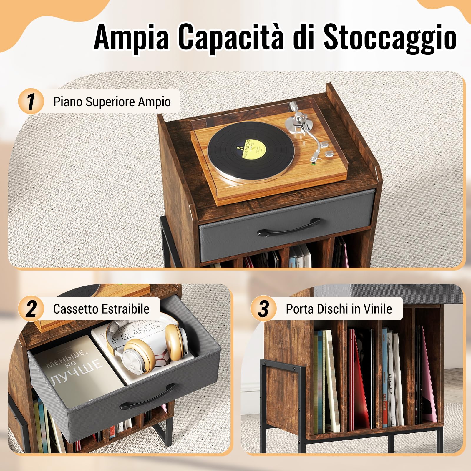COSTWAY Supporto per Giradischi, Mobile Giradischi in Legno con Cassetto in Tessuto e 4 Scomparti, per fino a 160 Dischi in Vinile, Scaffale per Dischi in Stile Retrò per Soggiorno e Camera da Letto