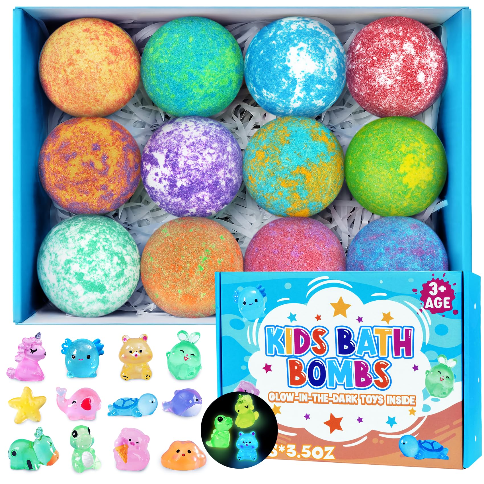3.5 OZ Large Bath Bombs for Kids, 12 Pcs Bath Bombs with Glow in The Dark Surprise Inside, Natural and Organic Colorful Bubble Bath Fizz with Toys for Girls Boys, Christmas Birthday Presents