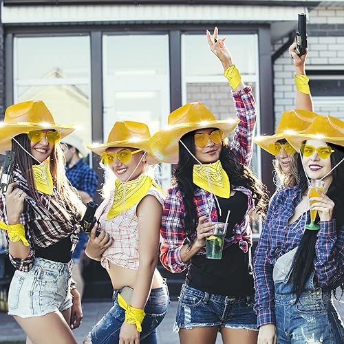 Miniatura 6 de Unittype Paquete de 18 sombreros de vaquero, sombrero de vaquera para novia, sombrero LED de vaquero espacial con 6 gafas, 6 bandana para mujer,