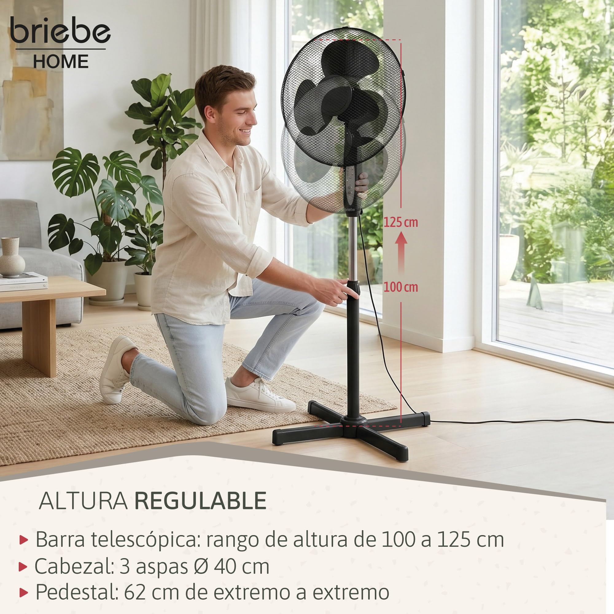 briebe Ventilador de Pie Silencioso con Mando a Distancia, 40cm, Temporizador, Oscilante, 3 Modos Funcionamiento, 3 Velocidades, Regulable Altura 100-125cm, Negro