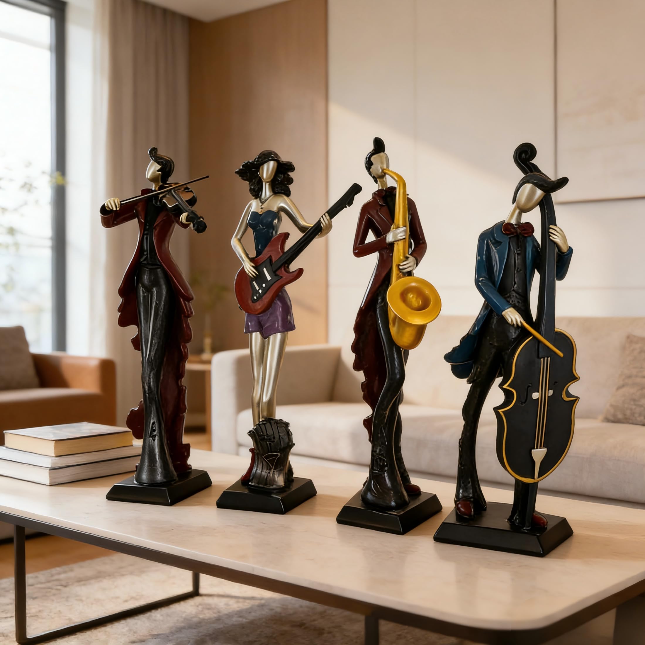 Set di 4 sculture astratte di musicisti, statue moderne di una band jazz da 30 cm, grandi statuette musicali per la decorazione di casa, soggiorno, mensole e ufficio, ornamenti artistici mus