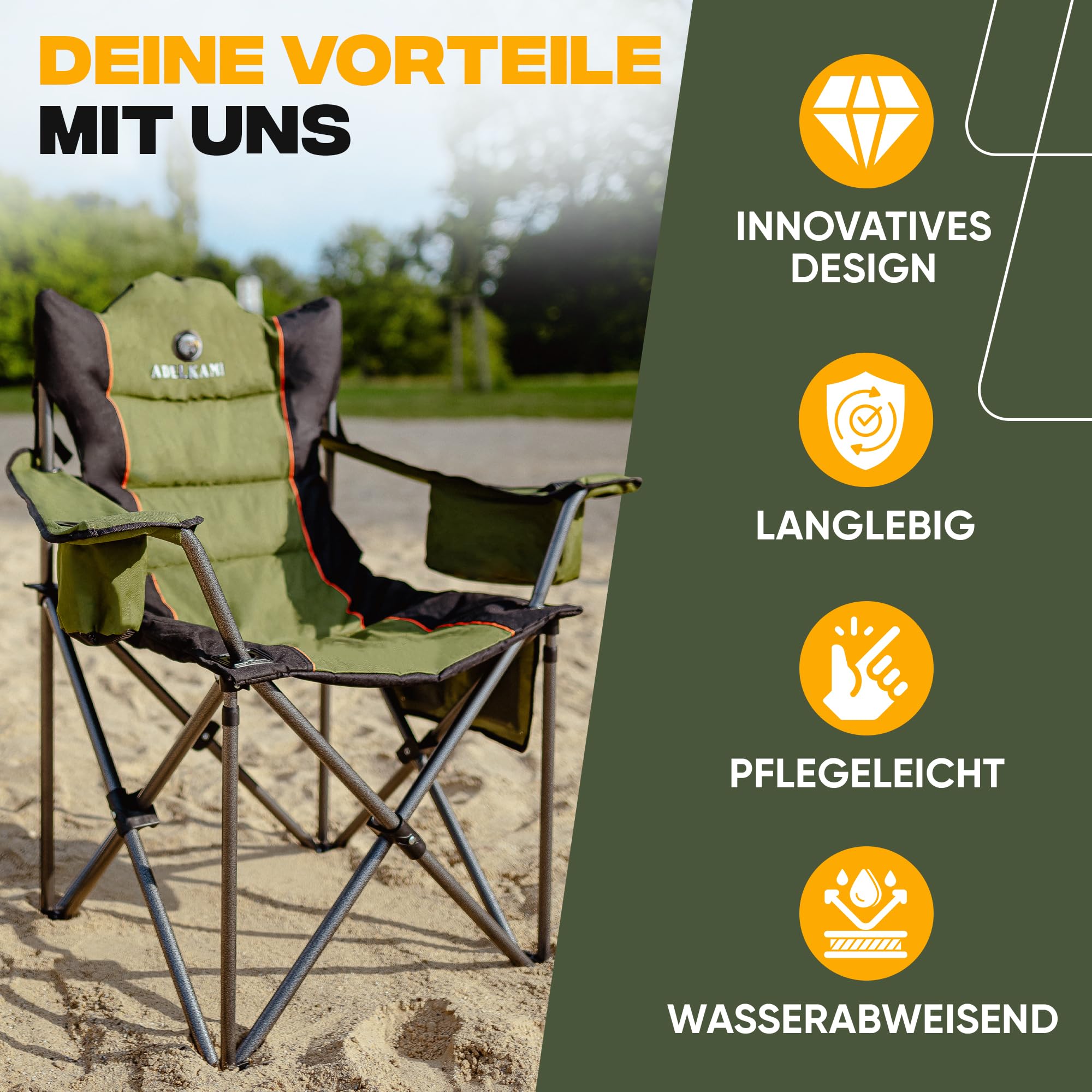 Campingstuhl Faltbar [Dick gepolstert] Ultragroß | Hoher Komfort | 150kg Belastbar | Mit Kühltasche & Getränkehalter – Testsieger 2024, Luxus Premium, Olivgrün