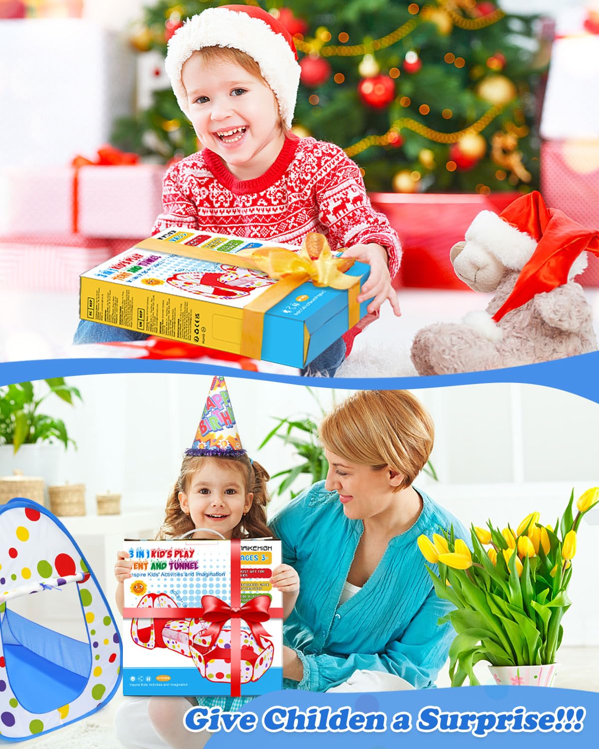 MAIKEHIGH Tenda Gioco Bambini Con Tunnel, 3 in 1 Pop Up Piscina Palline | Casetta Castello Pieghevole Interno Esterno Giardino Ragazzi Ragazze Regalo di Compleanno (Palla No Incluida)