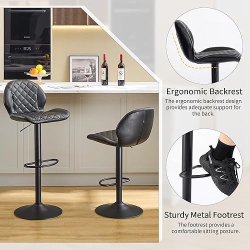 Miniatura 5 de Juego de 2 taburetes de bar giratorios negros con respaldo, taburete de bar ajustable de 24 a 33 pulgadas, taburete de bar tapizado de piel Negro