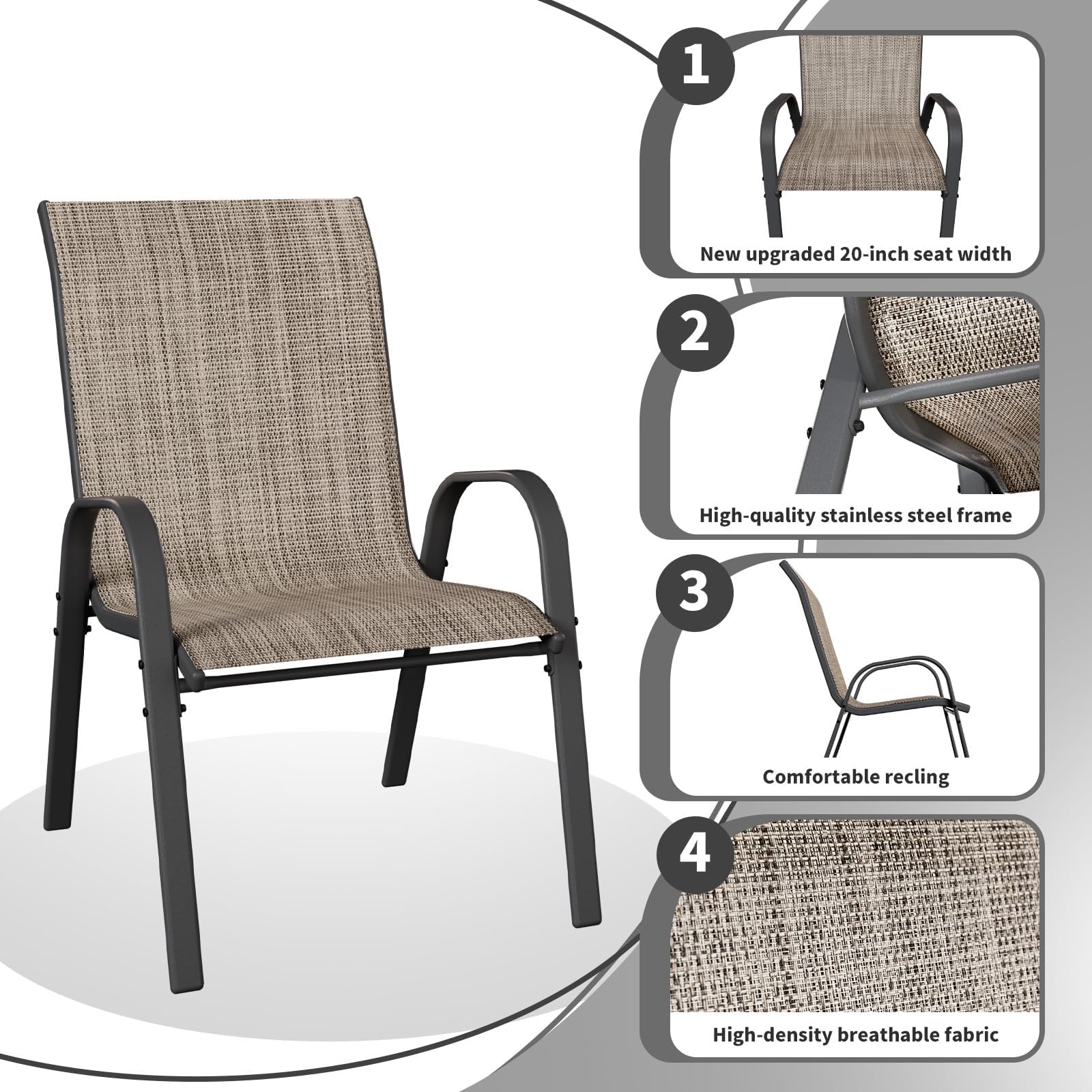 UDPATIO 4er Set Gartenstühle Stapelbare, 55cm Breiter Hochlehner Gartenstuhl, Stapelstühle aus Textilene, Atmungsaktive Terrassenstühle für Balkon, Terrasse, Garten, Braun