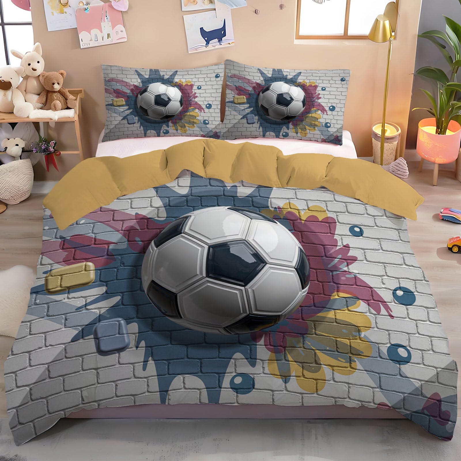 Housse de couette football 140x200 parure de lit enfant graffiti noir blanc