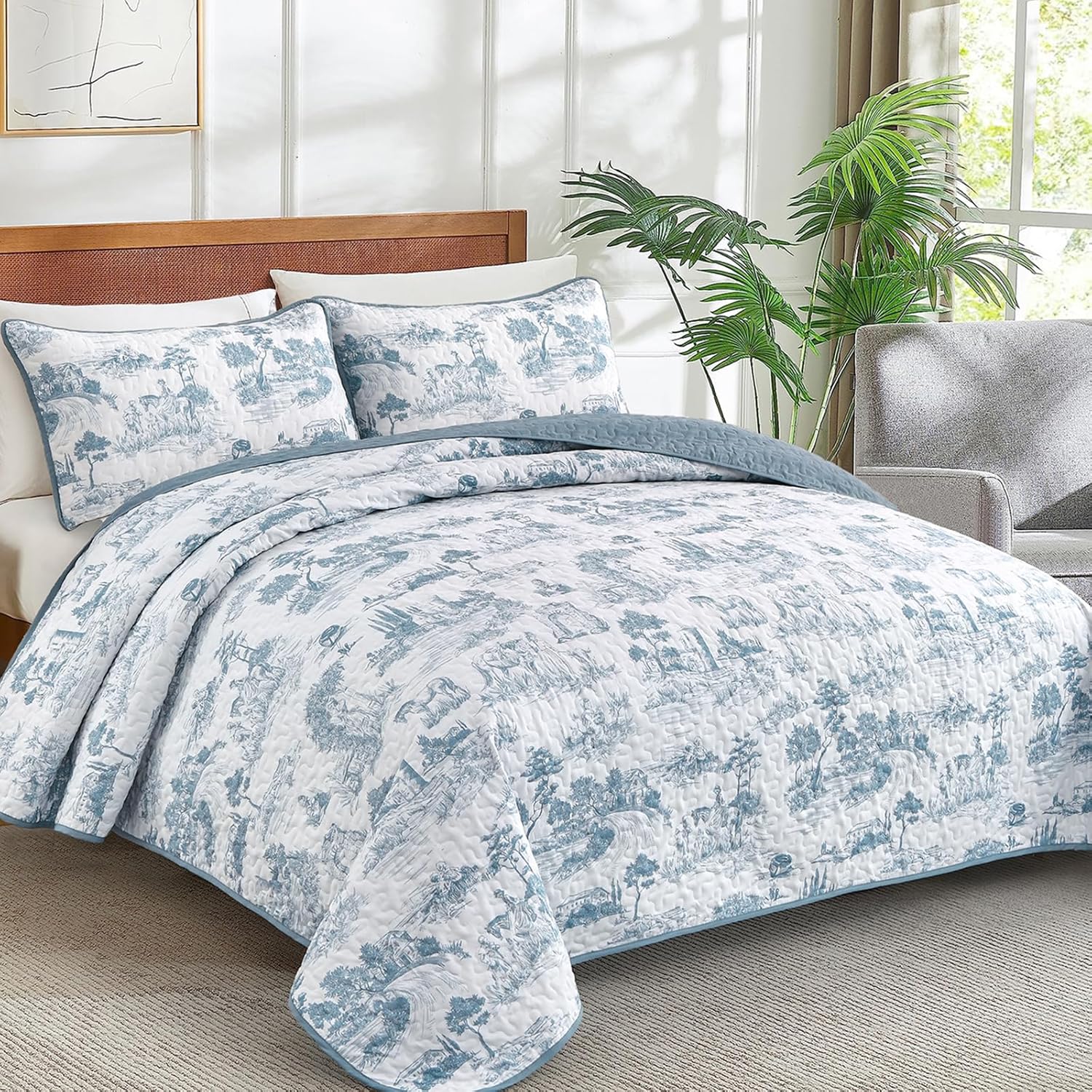 Drucon Blue Quilt Set Queen Size, Toile Farmhouse Bedspreads, 3 Pieces Rustic Village Landscape Printed Coverlet, Soft Microfiber Quilt Bedding Set for All Season (96x90 Inch) - Image 2