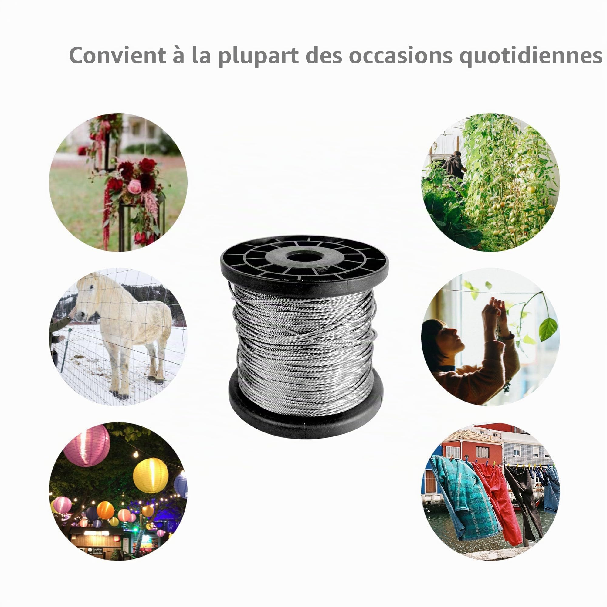 Câble métallique en acier inoxydable de 10 m, 5 mm avec revêtement en PVC, kit de câbles robustes de 7 x 7 brins avec 10 pinces pour jardin, extérieur