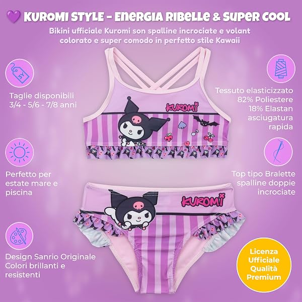 Hello Kitty Friends Bikini Bambina 2 Pezzi Costume Mare Piscina 82% Poliestere 18% Elastan Stampa Ufficiale Taglie 3-8 Anni Rosa e Giallo - 3