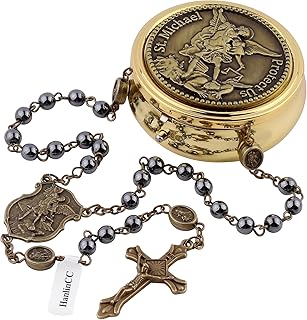 Hematite Black Stone Beads Saint Michael the Archangel Catholic Rosary Necklace with Gold Plated Metal Gift Box for Men Women