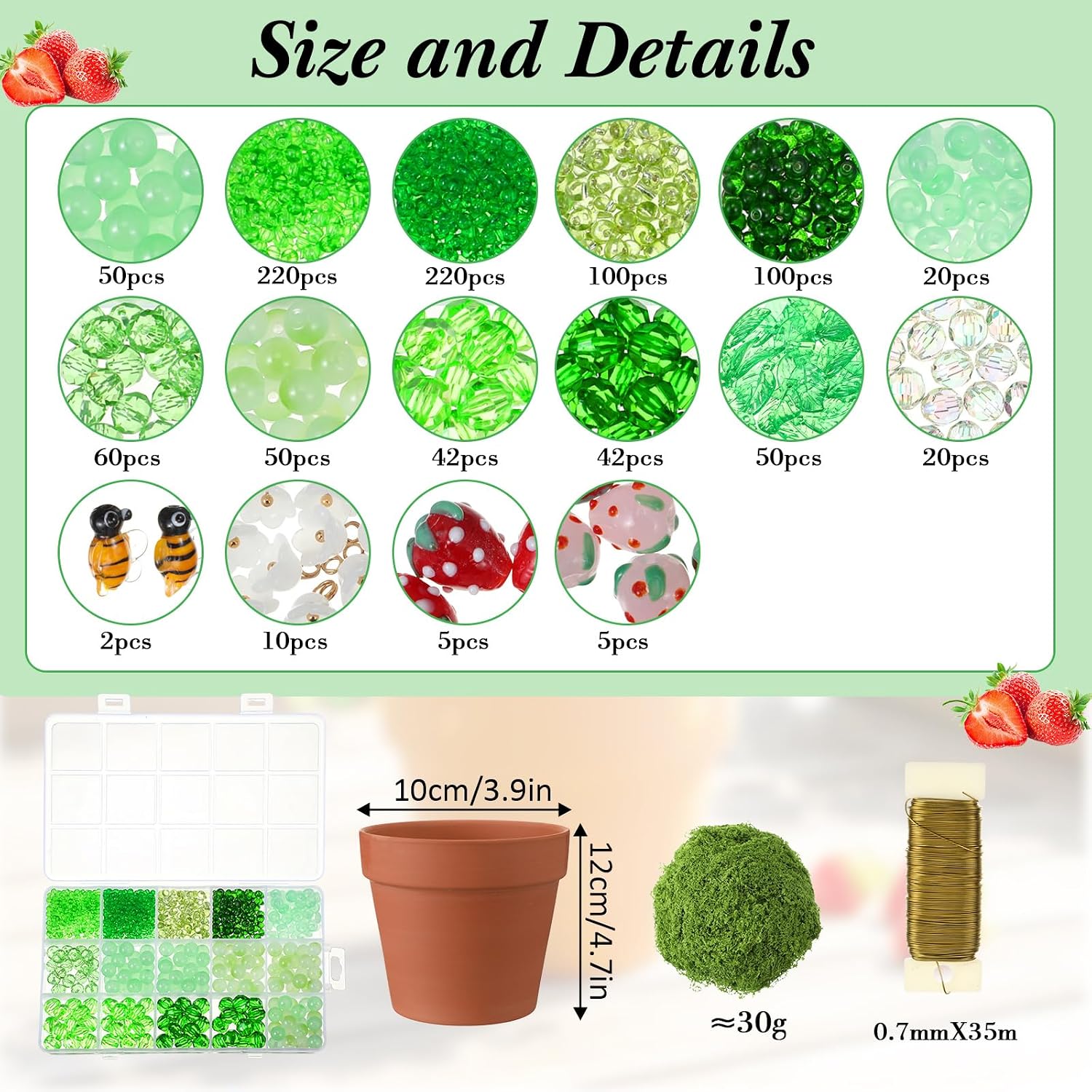 Potchen 1000 Pcs DIY Strawberry Beaded and 5 Inch Clay Pot Planter Set, Glass Beads Plant Making Kit with Artificial Moss Hanging Rope Nature Series Colorful Crystal Leaf Jewelry for Craft