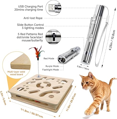 Miniatura 3 de CUTPLAN - Juego de juguetes para gatos, 1 caja de juguetes interactiva de madera para gatos, juguete de caza para interiores y un puntero láser
