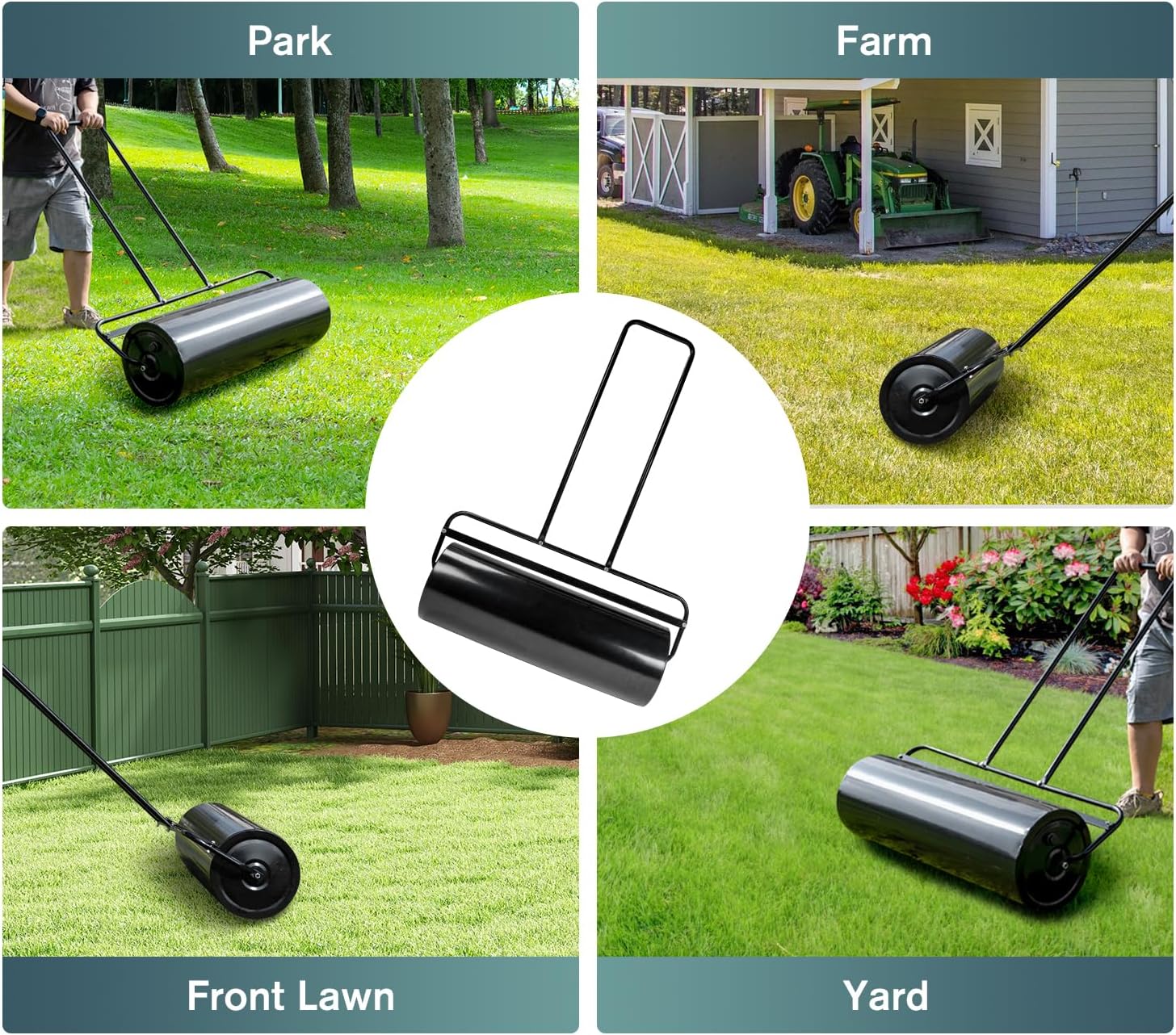 Lawn Roller 17 Gallon, 63L-Capacity Sand/Water Filled, Manual & Tow-Behind Steel Garden Drum Roller with U-Shaped Handle, 12" x 36" Convenient Push and Pull for Yard, Farm, Park, Black