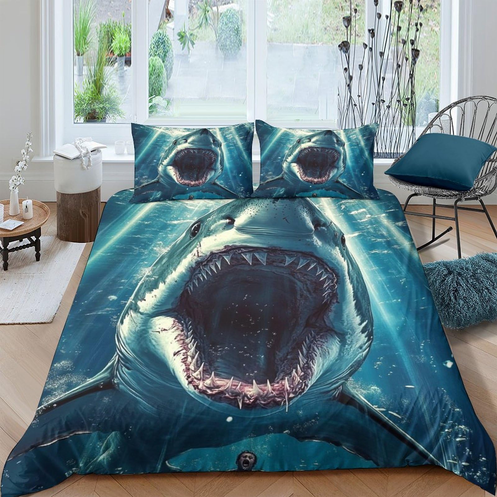 Ctjqhvkz Style-3 3D Printed Shark Blue Ocean Fitted Sheet Microfiber Soft Breathable Underwater Bed Cover For Bedroom Dorm Decor Single（135X200cm）
