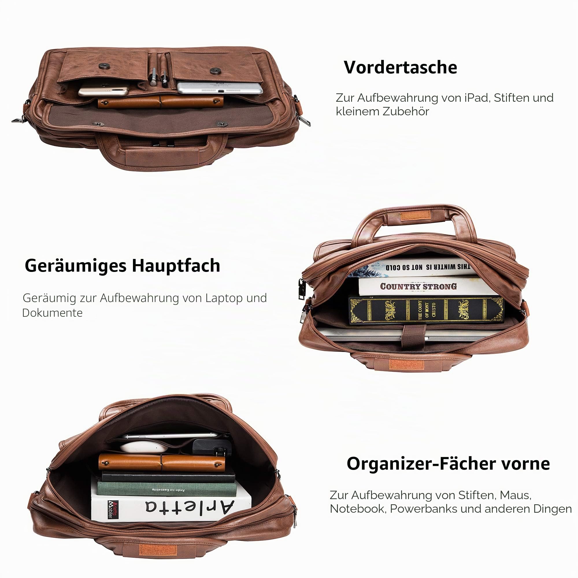 seyfocnia Aktentasche Herren ,laptoptasche PU Leder Laptoptasche 15 zoll, Wasserabweisend Business Taschen Herren , Lehrertasche Laptop Tasche für Die Arbeit (15.6 Zoll Braun)