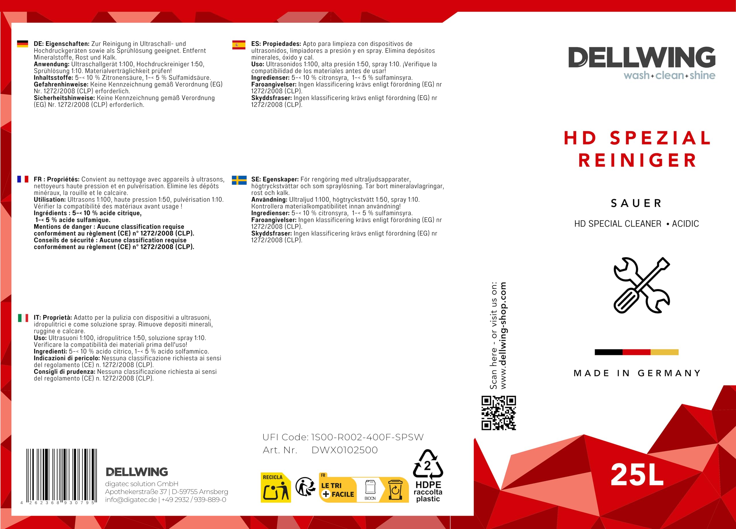 Dellwing Limpiador especial HD 25 l, concentrado de limpieza ácida para aluminio y metales no ferrosos, fabricado en Alemania
