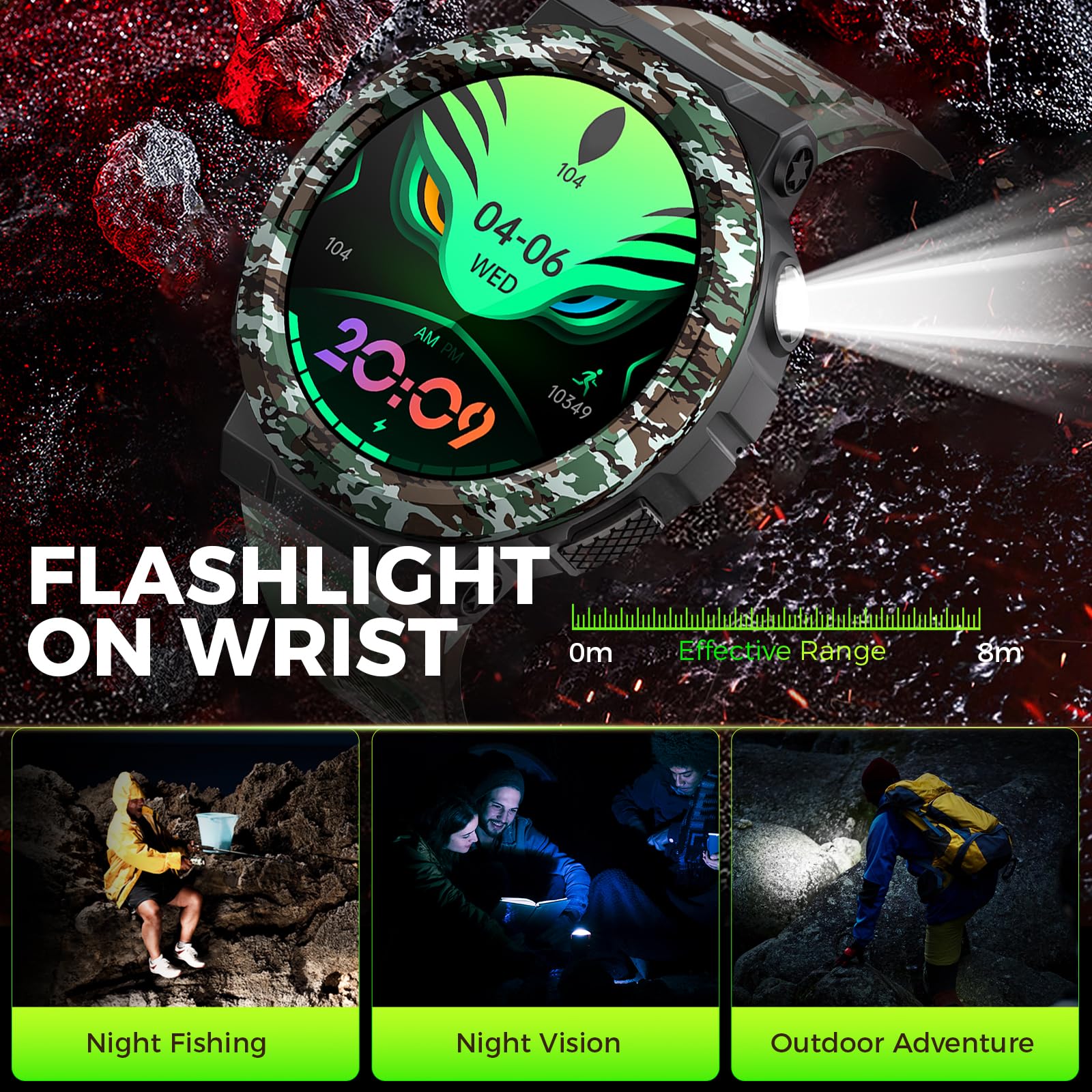 JELLOO Smart Watch militare da uomo (rispondere/effettuare chiamate), impermeabile 3ATM, torcia a LED, oltre 100 modalità sportive, smartwatch tattico con cardiofrequenzimetro SpO2, monitoraggio del