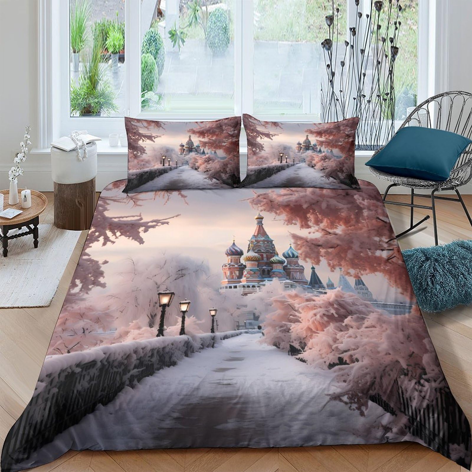 Ctjqhvkz Style-6 3D Printed Fantasy Castle Fitted Sheet Microfiber Soft Pink Forest Path Mattress Cover For Bedroom Guest Room Decor Single（135X200cm）
