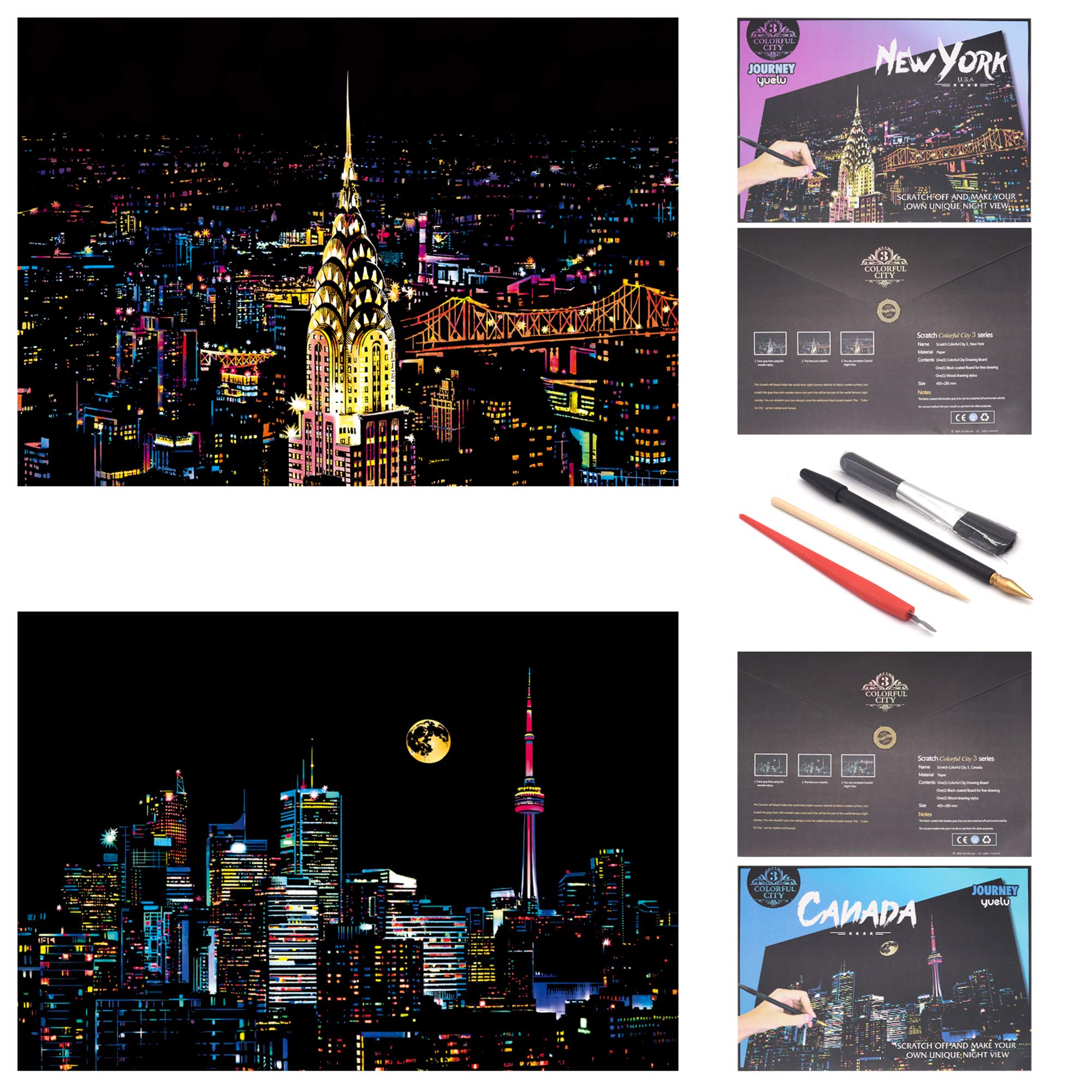 Set De Papier à Gratter Arc-en-ciel Noctiluque SiYear – 8 Planches 29,5x21cm, 4 Outils, Scène De Ville, Phosphorescent, Créatif