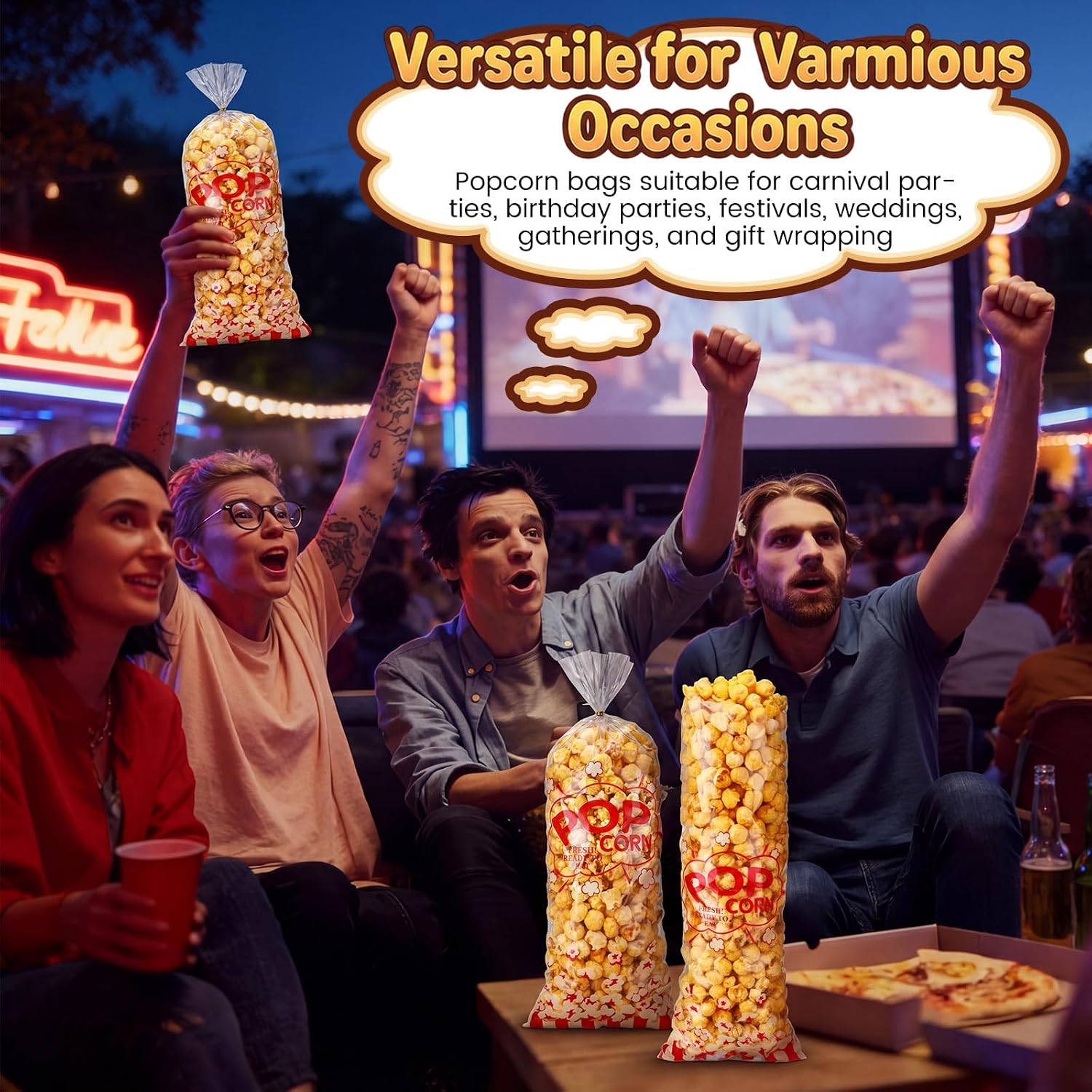 Dunzoom 500 Pcs Red Pop 17 x 7 Inch Popcorn Bags Double Sided Printed Greaseproof with Twist Ties Hot & Cold Safe Freezable PE Plastic for Carnival Party Favors Cellophane Wrap(Red Pop)