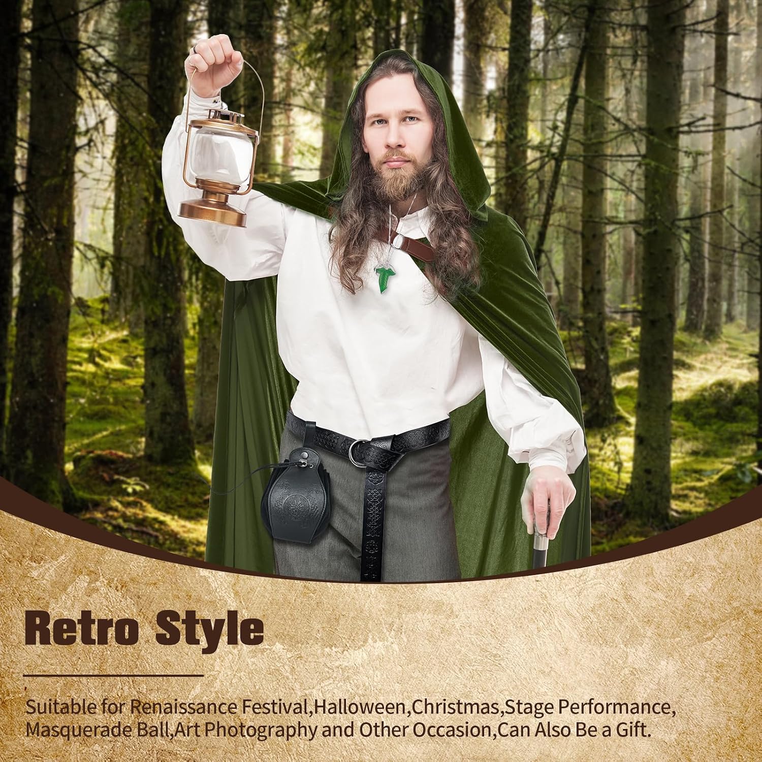 MyersCostume Medieval Hooded Cloak with Leaf Brooch Necklace, 2 Pcs Adult Renaissance Viking Hooded Cloak