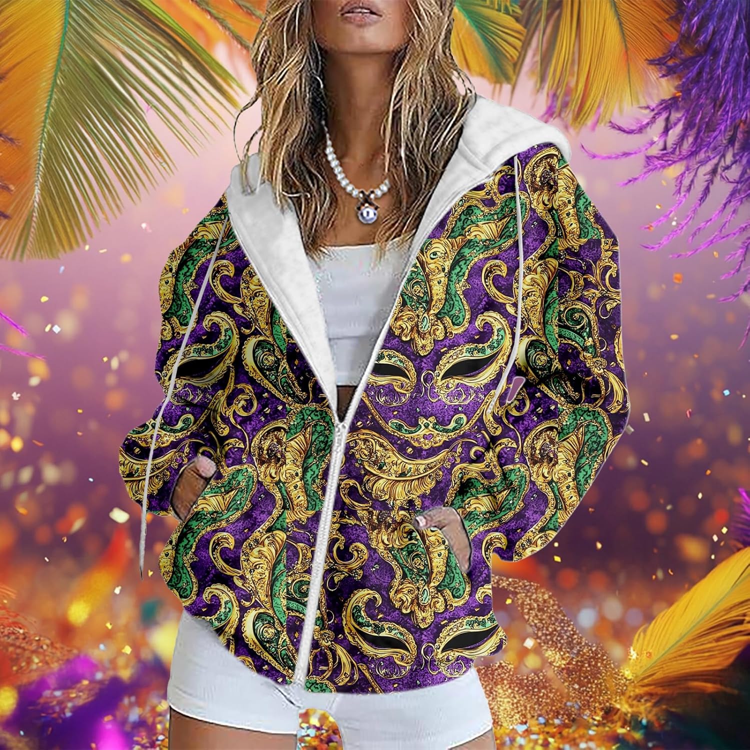 MARSVOVO Mardi Gras Sweatshirts for Women Full Zipper Long Sleeve Tuesday Shirt Vintage Vneck Carnival Outfit for Party - Image 2