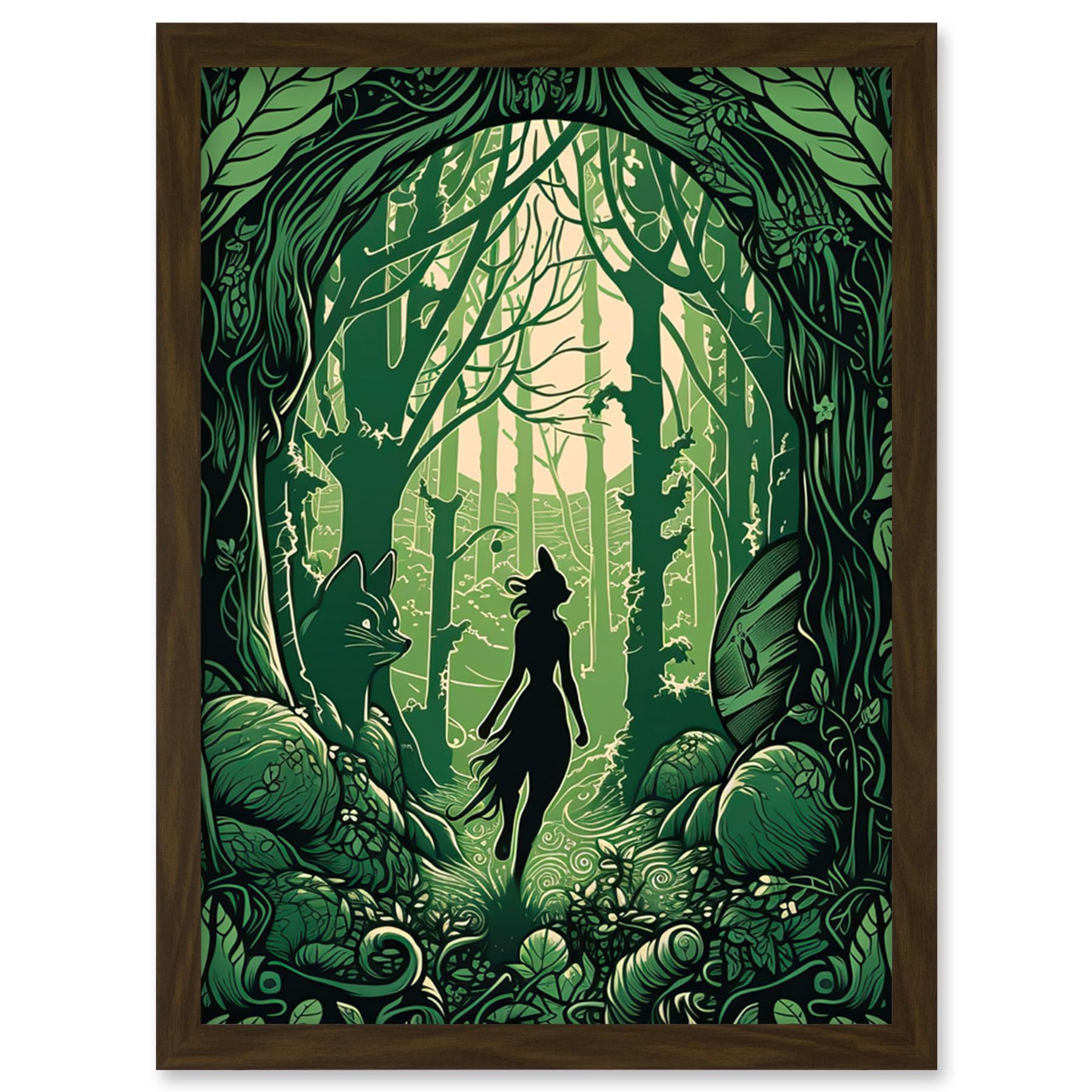Artery8 Anthropomorphic Fox Silhouette Forest Art Nouveau Artwork Framed Wall Art Print A4