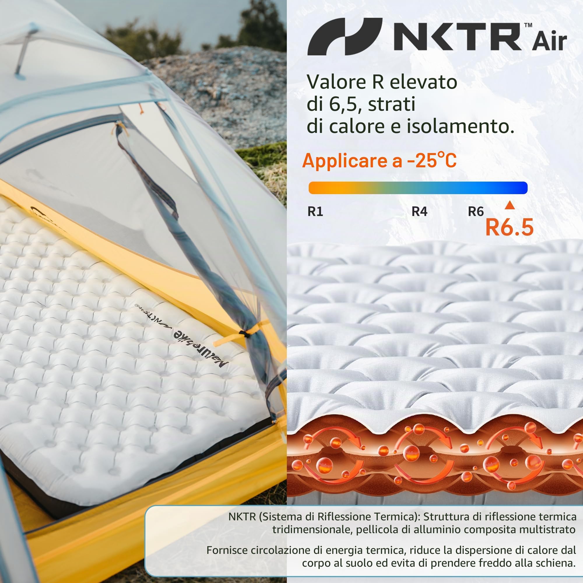Naturehike Materassino gonfiabile 6.5R 186cm*58cm, Ultraleggero Campeggio Materasso, Durevole Materassino da Campeggio Portatile per Trekking Escursionismo