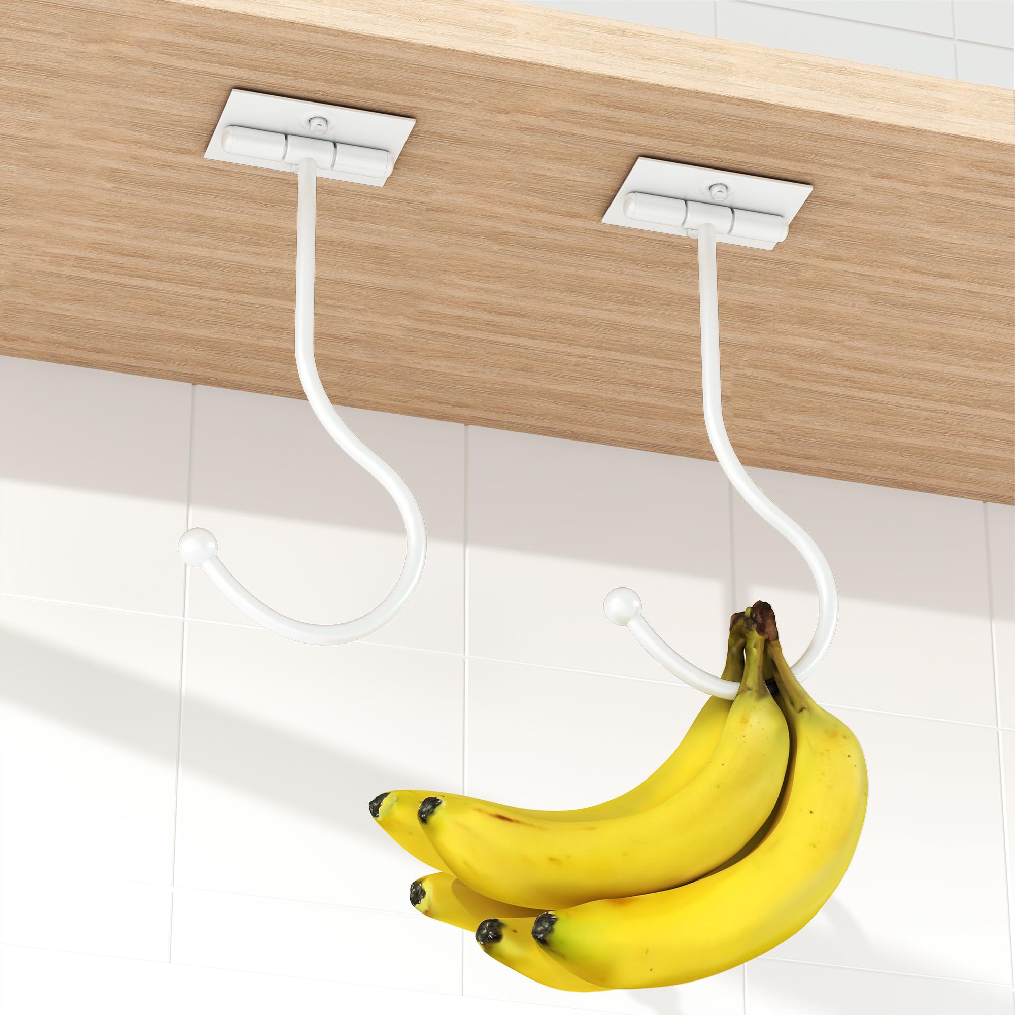 2-Pack Banana Hook Under Cabinet,Banana Holder,Metal Banana Hanger Hook,Adhesive Banana Hook, Foldable Banana Hook, Folds Up With Magnets When Not In Use,Banana Rack,Keep Bananas Fresh (White)