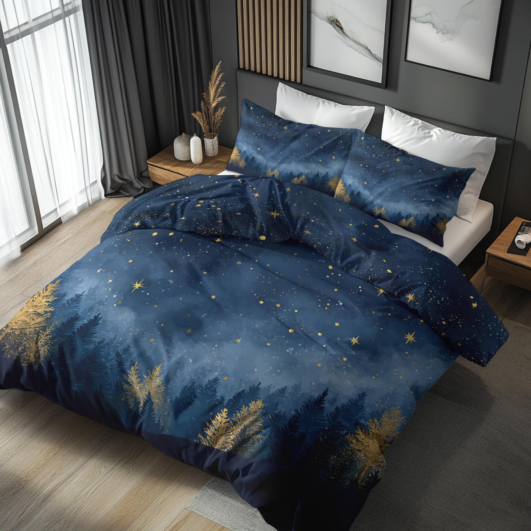 Parure de lit 220x240 pour s'endormir en douceur sous un ciel d'arbres bleus
