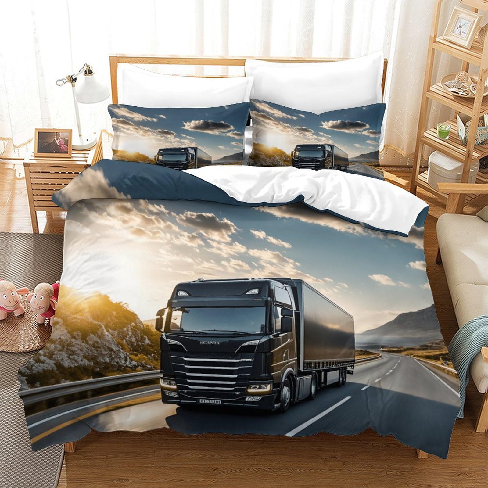 XiaopangXY Truck Adult Duvet Covers 200x200cm, Lorry Duvet Cover Double With 2 Pillowcases, Truck Quilt Cover Set Soft Microfiber, Nice-looking hgv duvet set Double