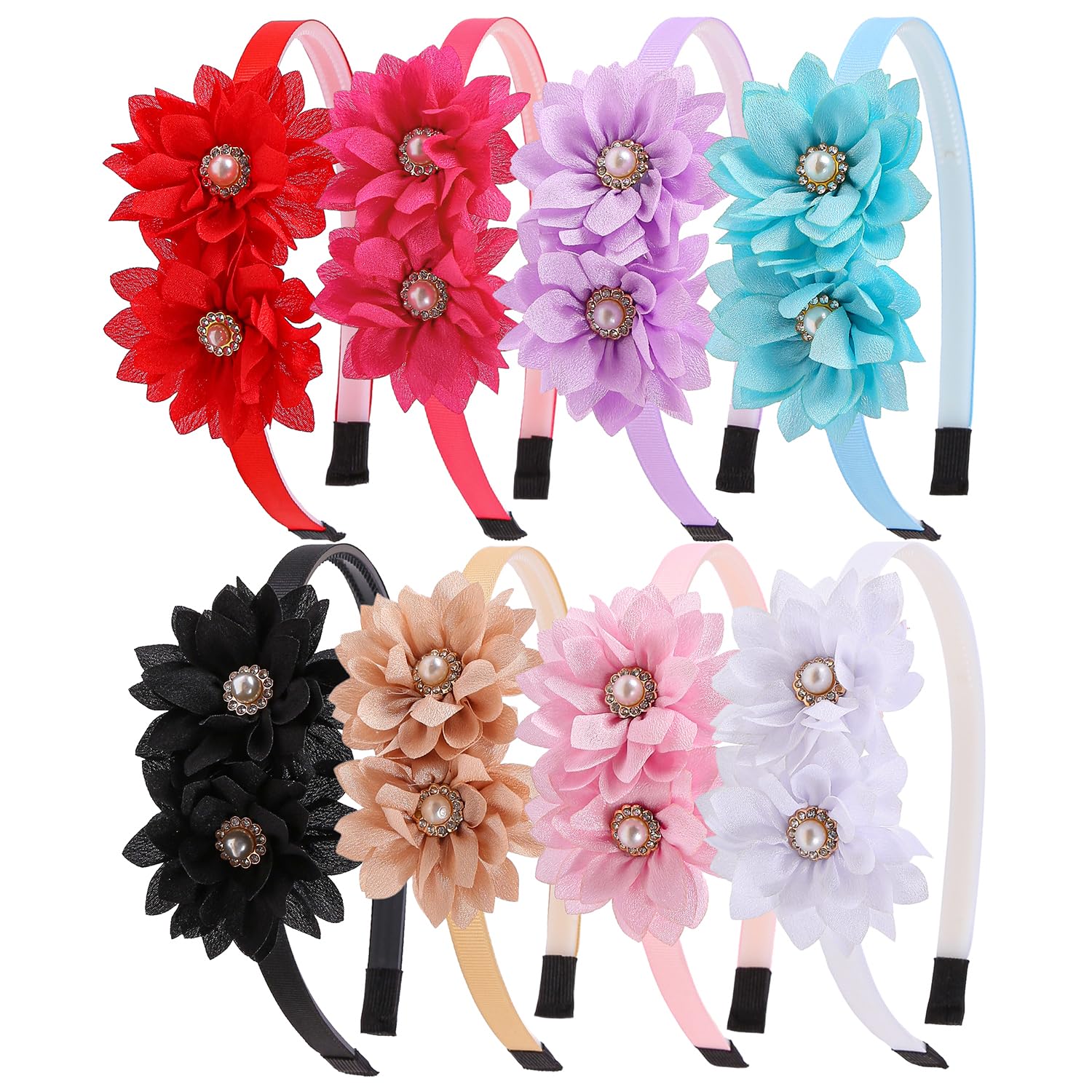 8pcs Flower Headbands for Girls, Non-Slip Rhinestone Fabric Floral Hair Hoops, Toddler Kids Hair Accessories for Party, Birthday Gift and Daily Wear - Image 2