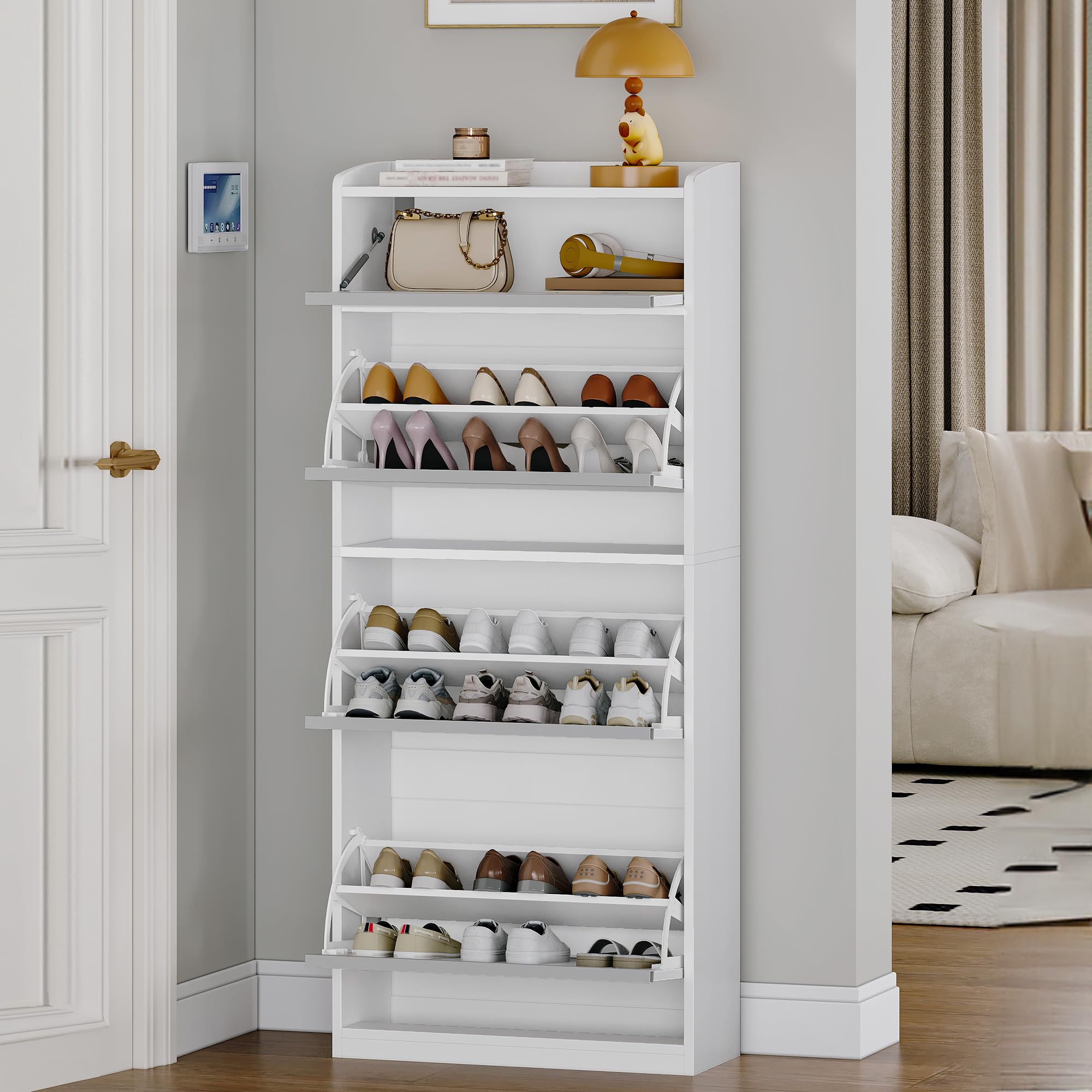 HEXCELEN Zapatero Estrecho con 3 Puertas Abatibles, Mueble para Zapatos con Compartimento Abatible, Separador Ajustable, para 12-18 Pares, para Pasillo, Entrada, 60 x 24 x 145 cm, Blanco